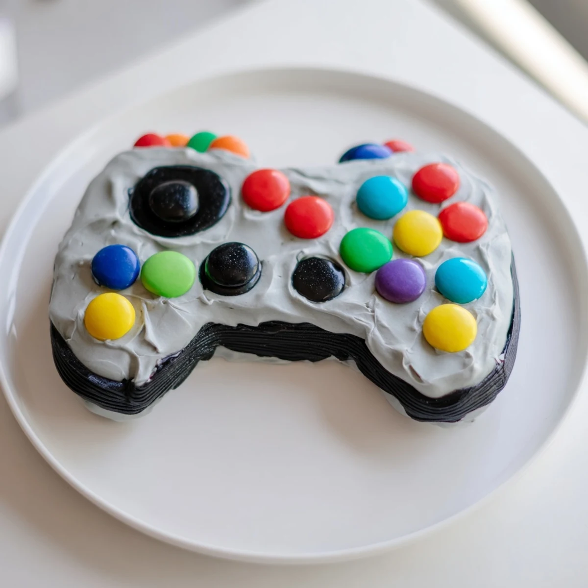 Vivid image of the Pixel Perfect Video Game Controller Board cake with colorful candy buttons and frosting.
