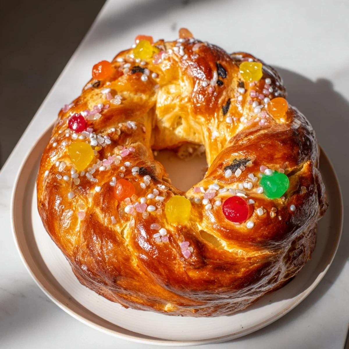 A close-up of a festive Couronne de Roi Bijoux Sucrés, studded with colorful candied fruits for an inviting dessert.