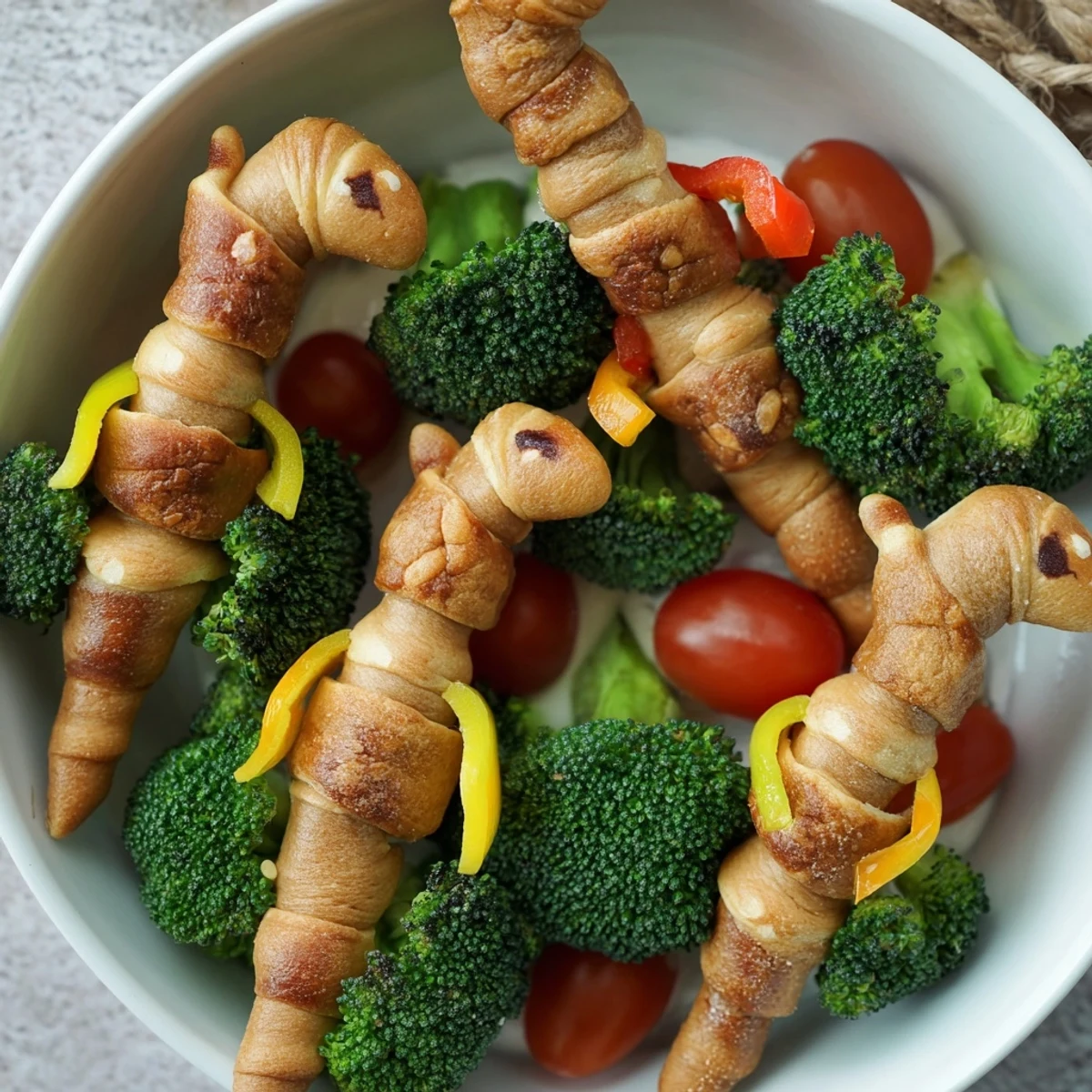 Colorful Dinosaur Bone Prehistoric Crudités appetizer platter with crunchy veggies and baked breadsticks.