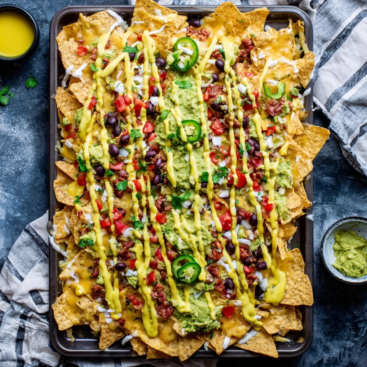 Observe a vibrant Football Field Nacho Platter, complete with sour cream yard lines, ready for sharing.