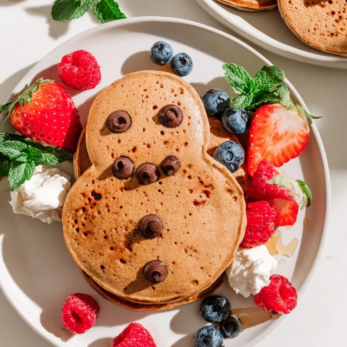 Gingerbread Boy Berry Board: Golden gingerbread pancakes are arranged with fresh berries and creamy yogurt.
