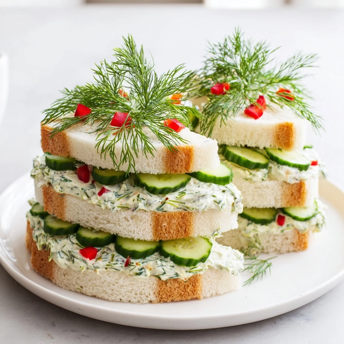 Cucumber and Cream Cheese Tree Stacks feature vibrant green cucumber layered atop creamy cheese on bread, garnished.
