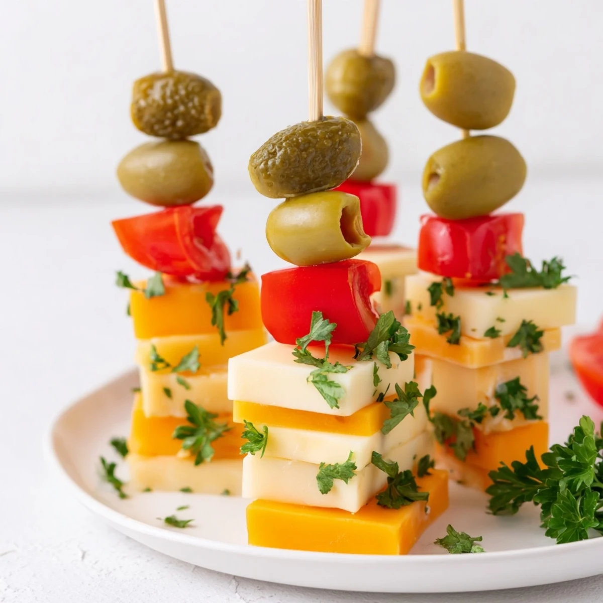 Festive Cube Cheese Stack, a colorful appetizer, showcases cheese cubes topped with olives and tomatoes.