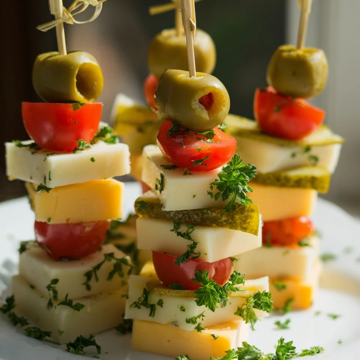Up-close shot of a vibrant Festive Cube Cheese Stack with various cheeses ready to eat at a party.