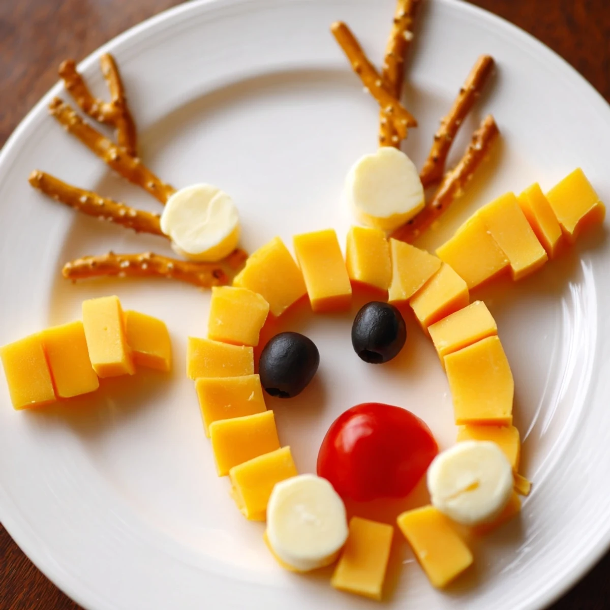 Warm, inviting Cheesy Reindeer Face Platter featuring vibrant red pepper nose and salty pretzel antlers.