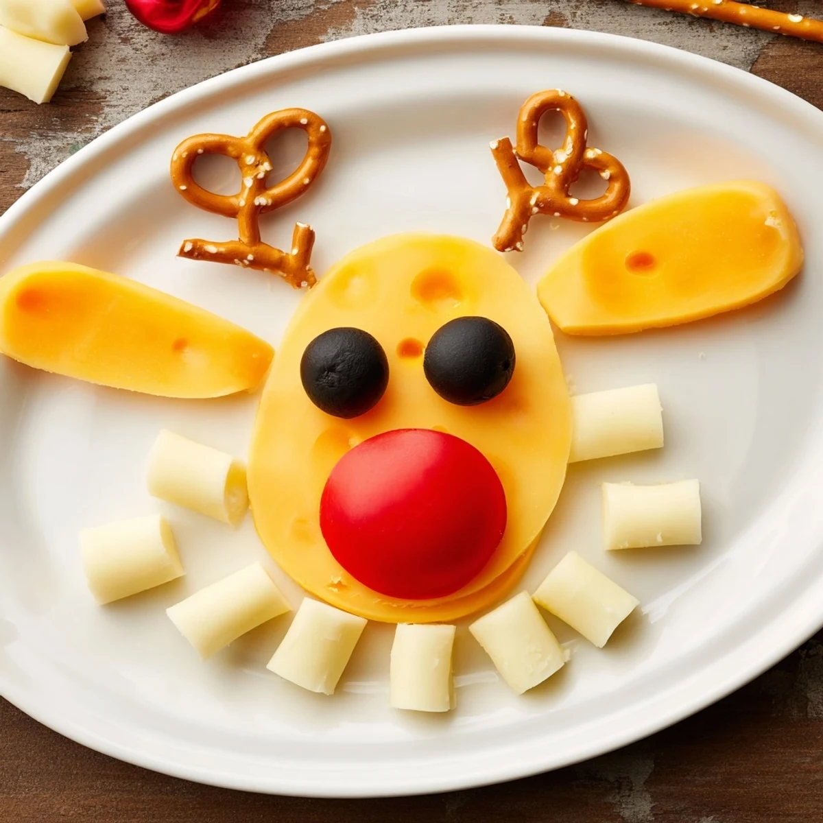 Festive Cheesy Reindeer Face Platter, a close-up showcasing cheese, crackers, and olives arranged playfully.
