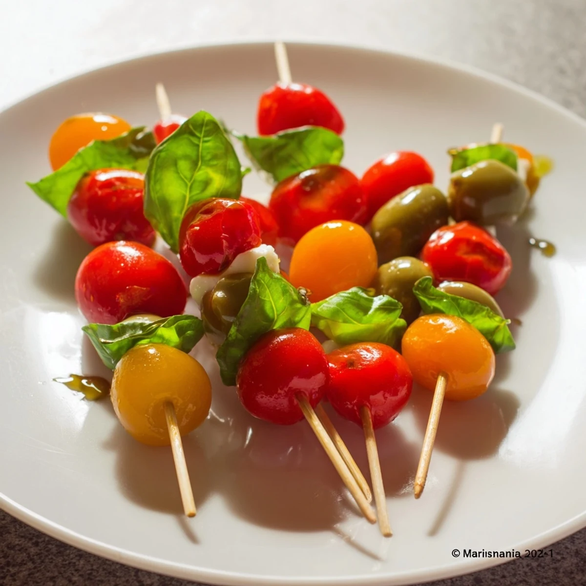 Delicious Christmas Lights Olive and Tomato Skewers: juicy red tomatoes and green olives threaded on skewers for a festive treat.