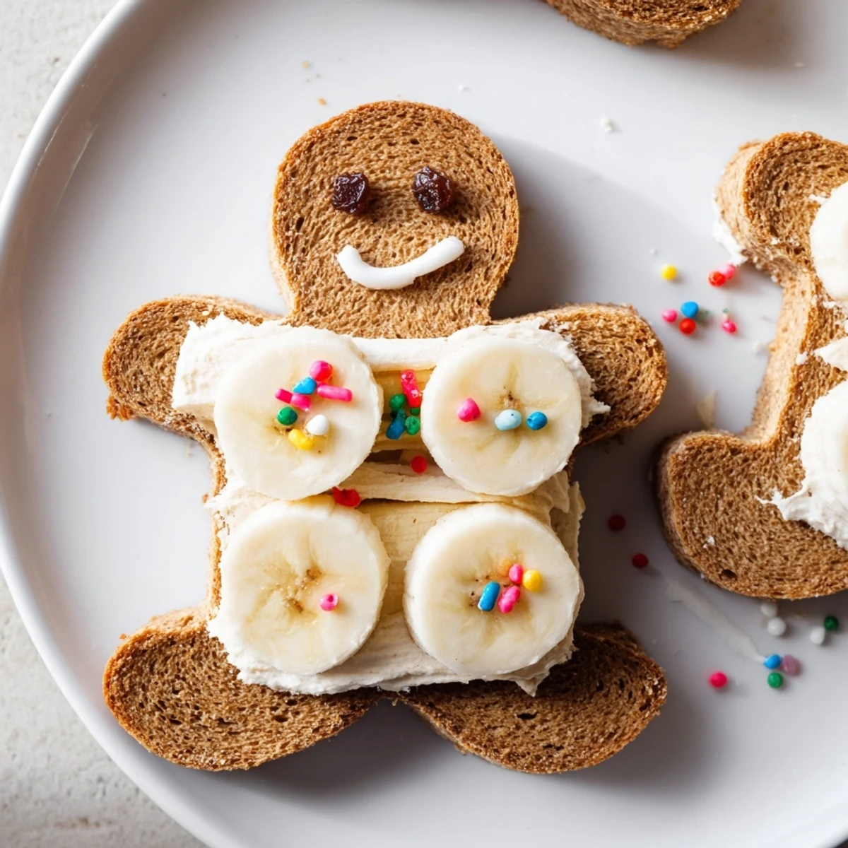 Gingerbread man sandwich cutouts with bright apple eyes and banana smiles, a fun kids lunch!