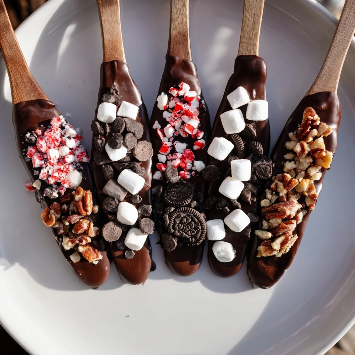 A festive hot chocolate spoon toppings board offers delicious dipping options for cozy hot cocoa.