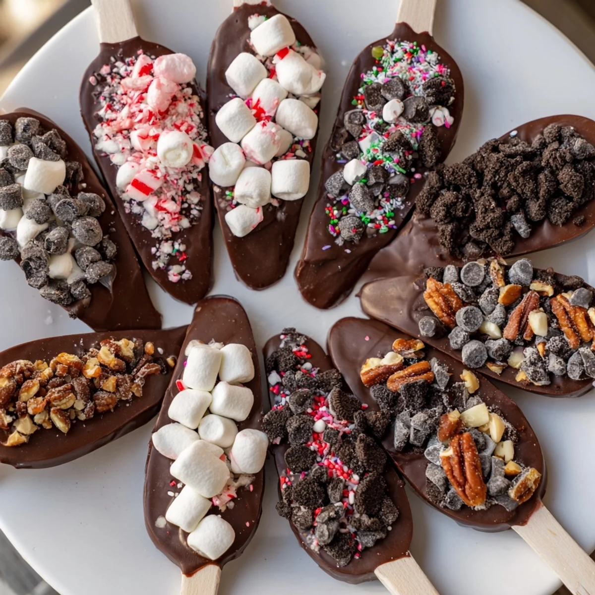 Hot chocolate spoon toppings board with colorful toppings, ready for dipping into warm milk.