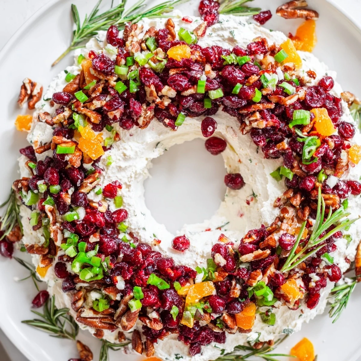 Festive Cranberry Feta Dip Wreath adorned with fresh rosemary, ready to be served with crackers.