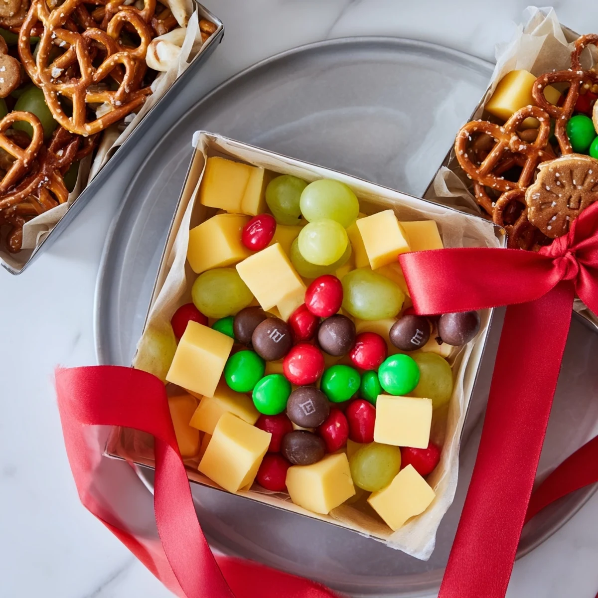A delightful Stacked Christmas Gift Snack Tower, filled with savory and sweet holiday treats.