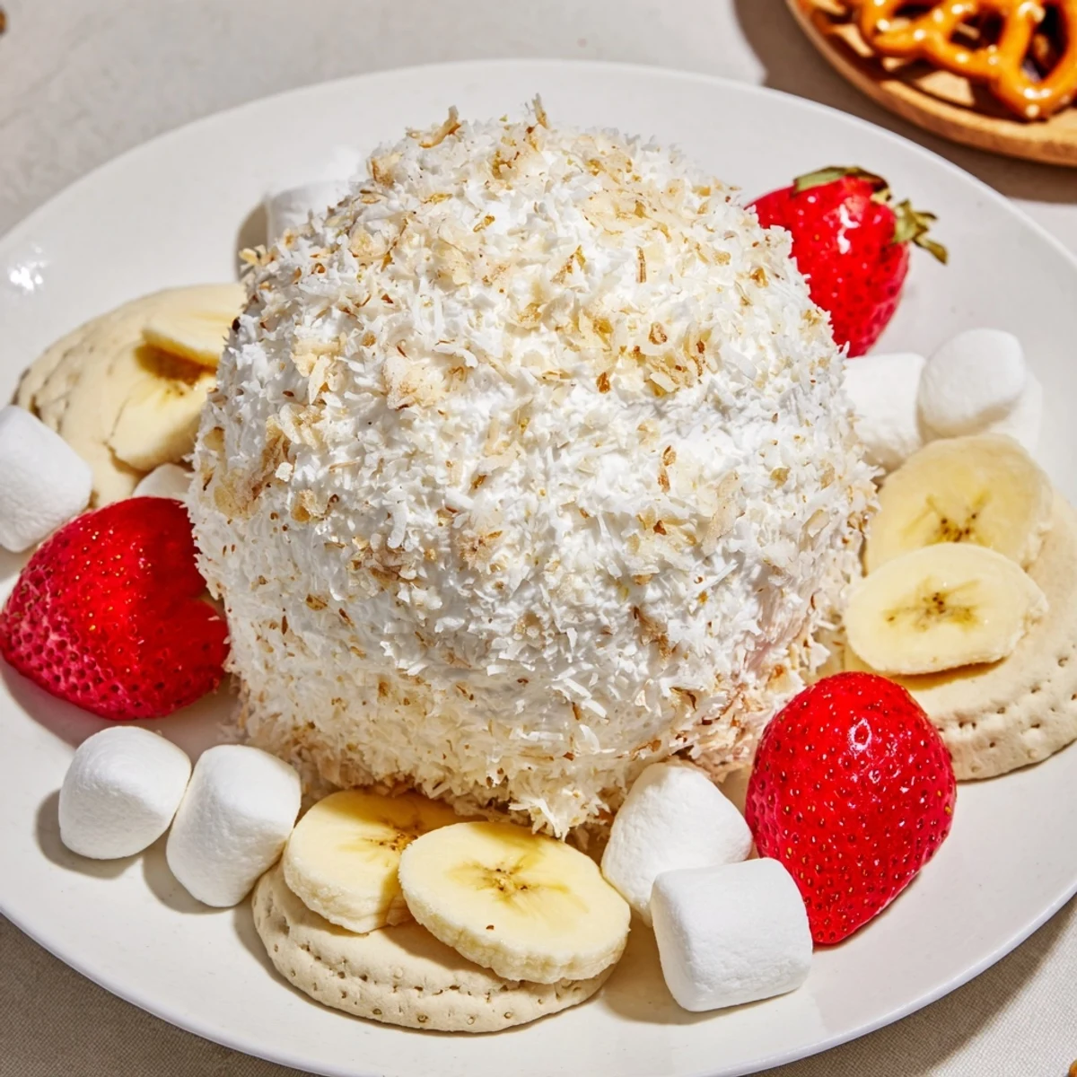Creamy, sweet Marshmallow Snowball Dip Platter, perfect for a party, with fresh fruit for dipping.