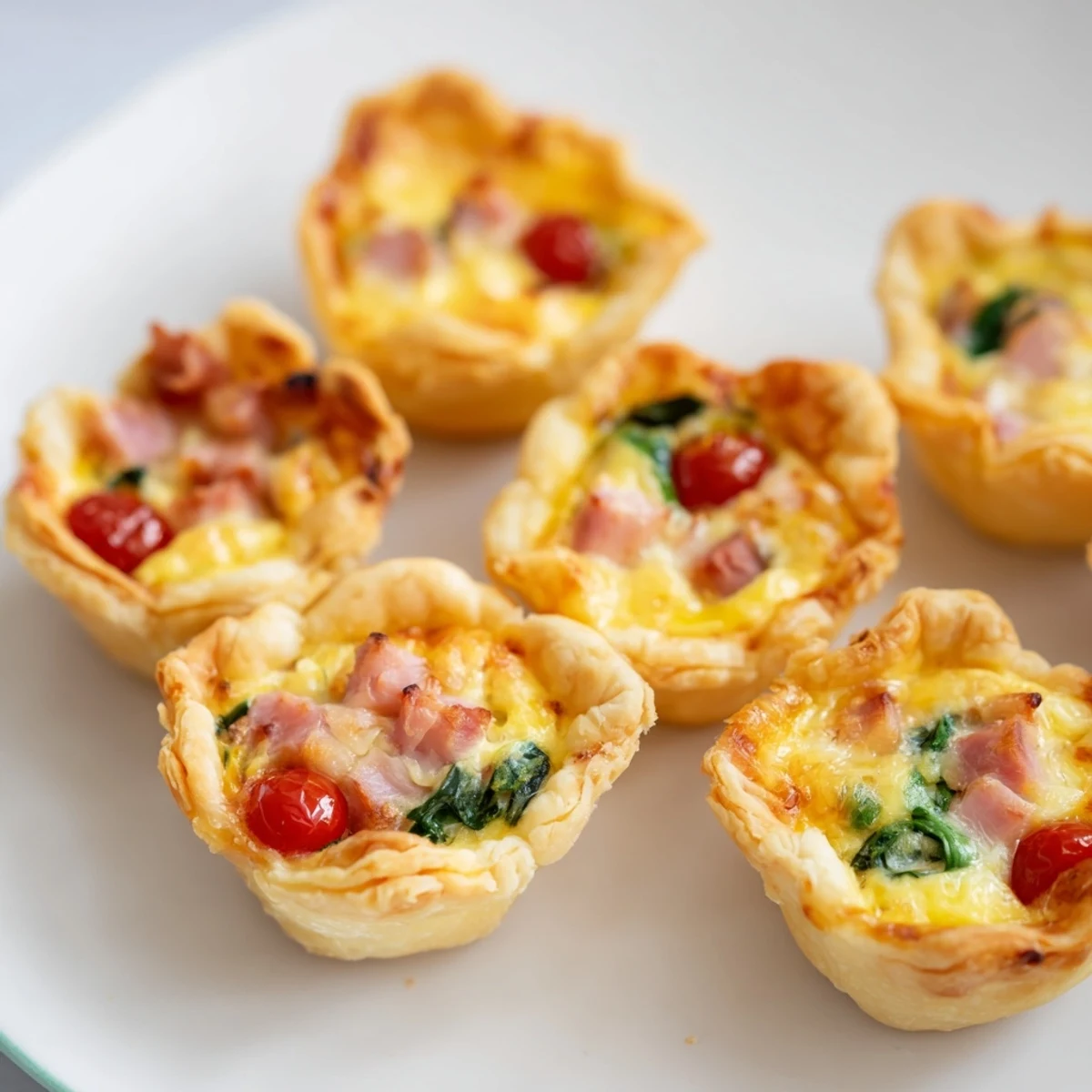 Imagine a close-up of the delicious, bite-sized Mini Quiche Holiday Village, complete with fresh rosemary trees.