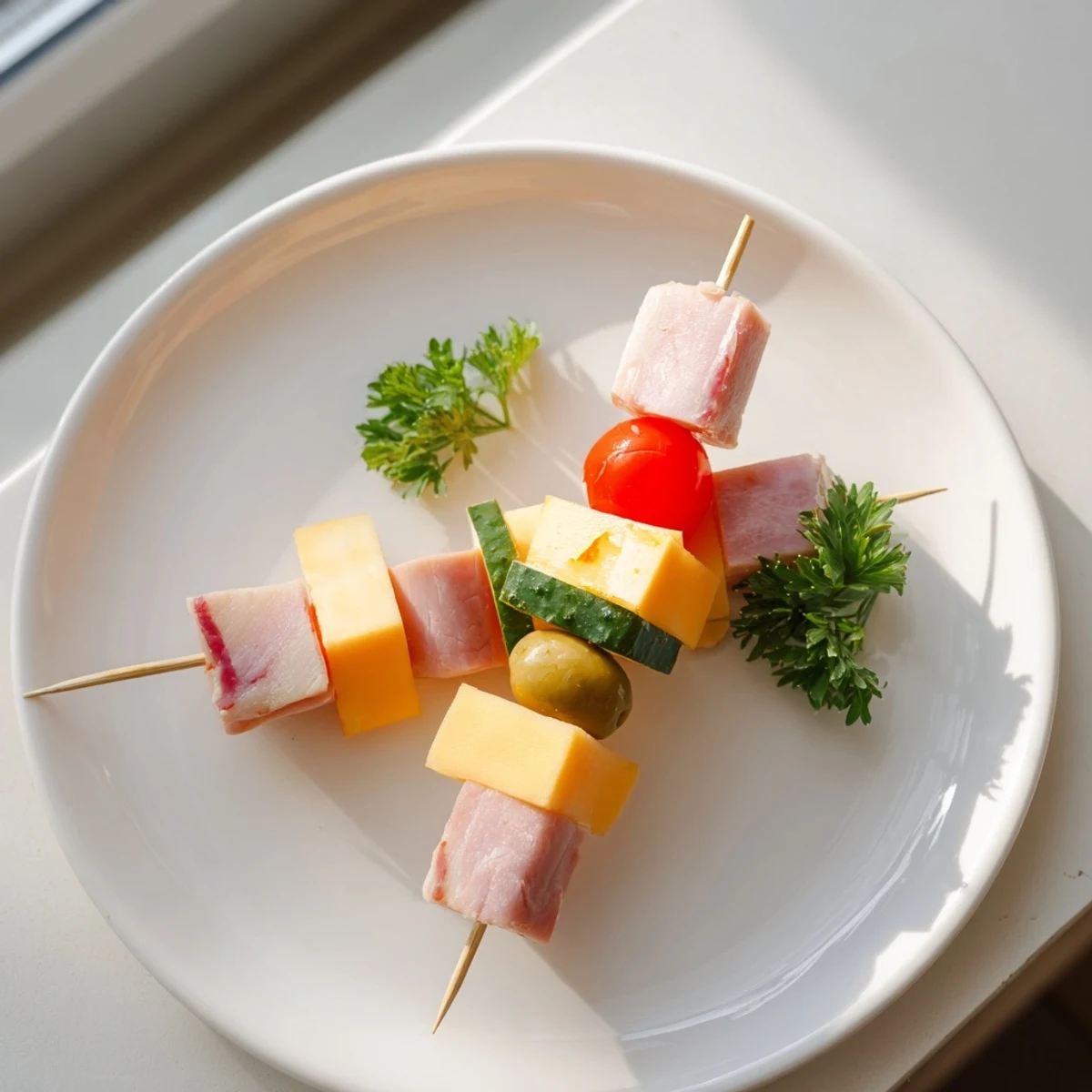 Savory Skewers showcasing vibrant cubes of meat, cheese, and tangy pickles, ready to eat.