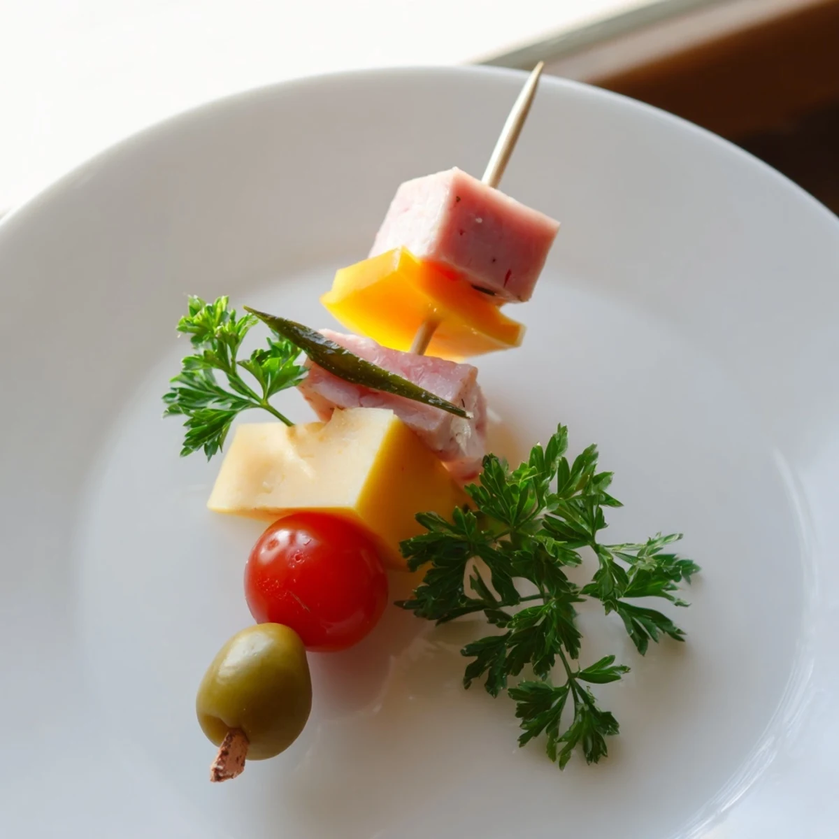 Freshly made Savory Skewers, a colorful appetizer with meat, cheese, and crunchy pickle chunks.