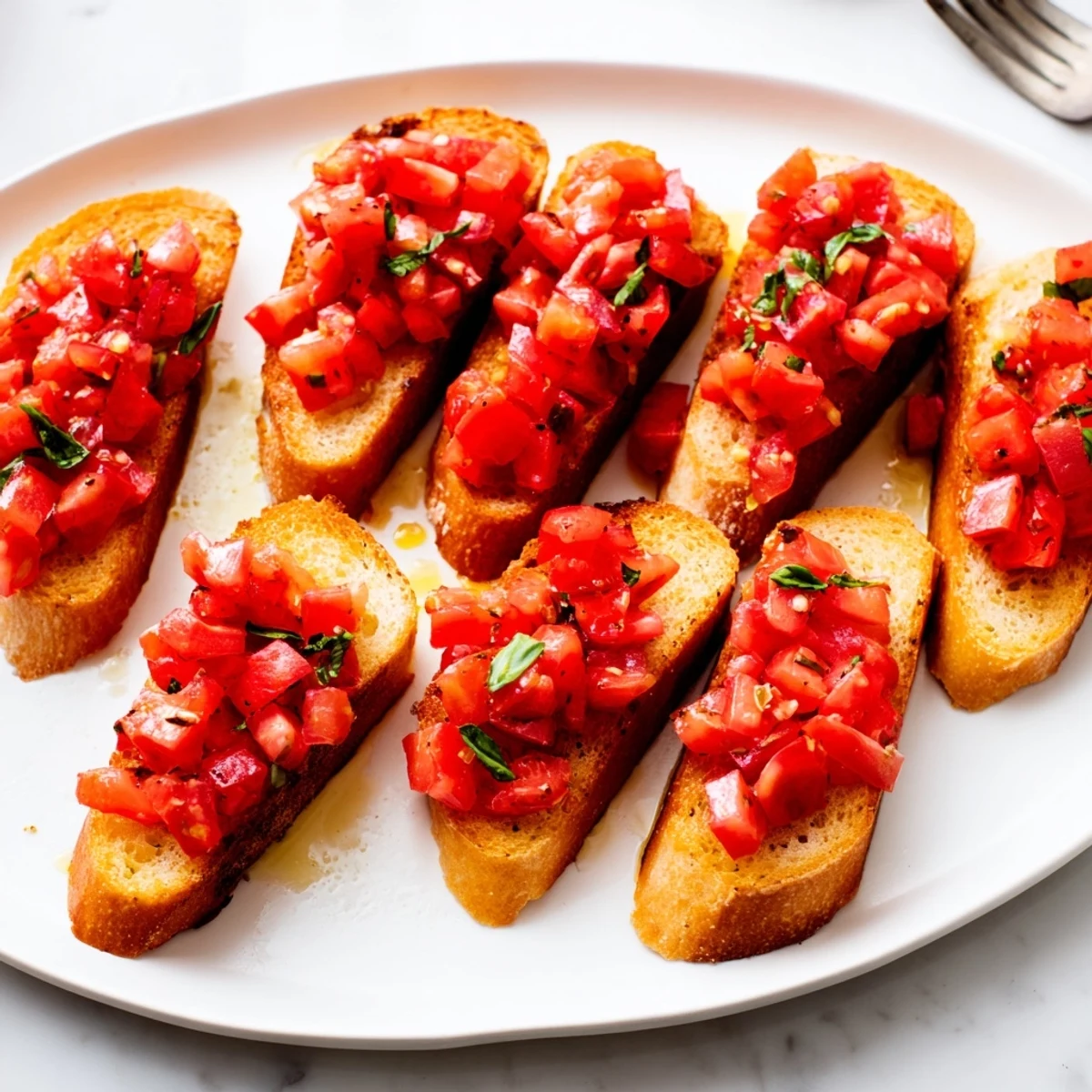 Crispy Bruschetta Toasts, golden brown, loaded with vibrant tomato topping and fresh basil.