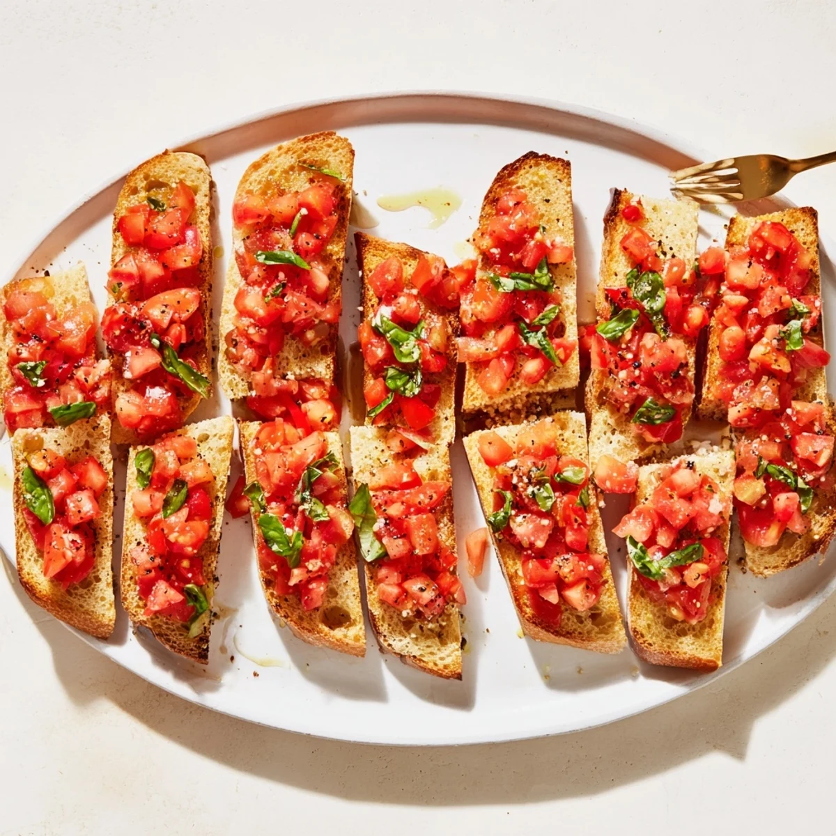 Enjoy a visually appealing diagonal line of Bruschetta Toasts, ready for a delightful appetizer.