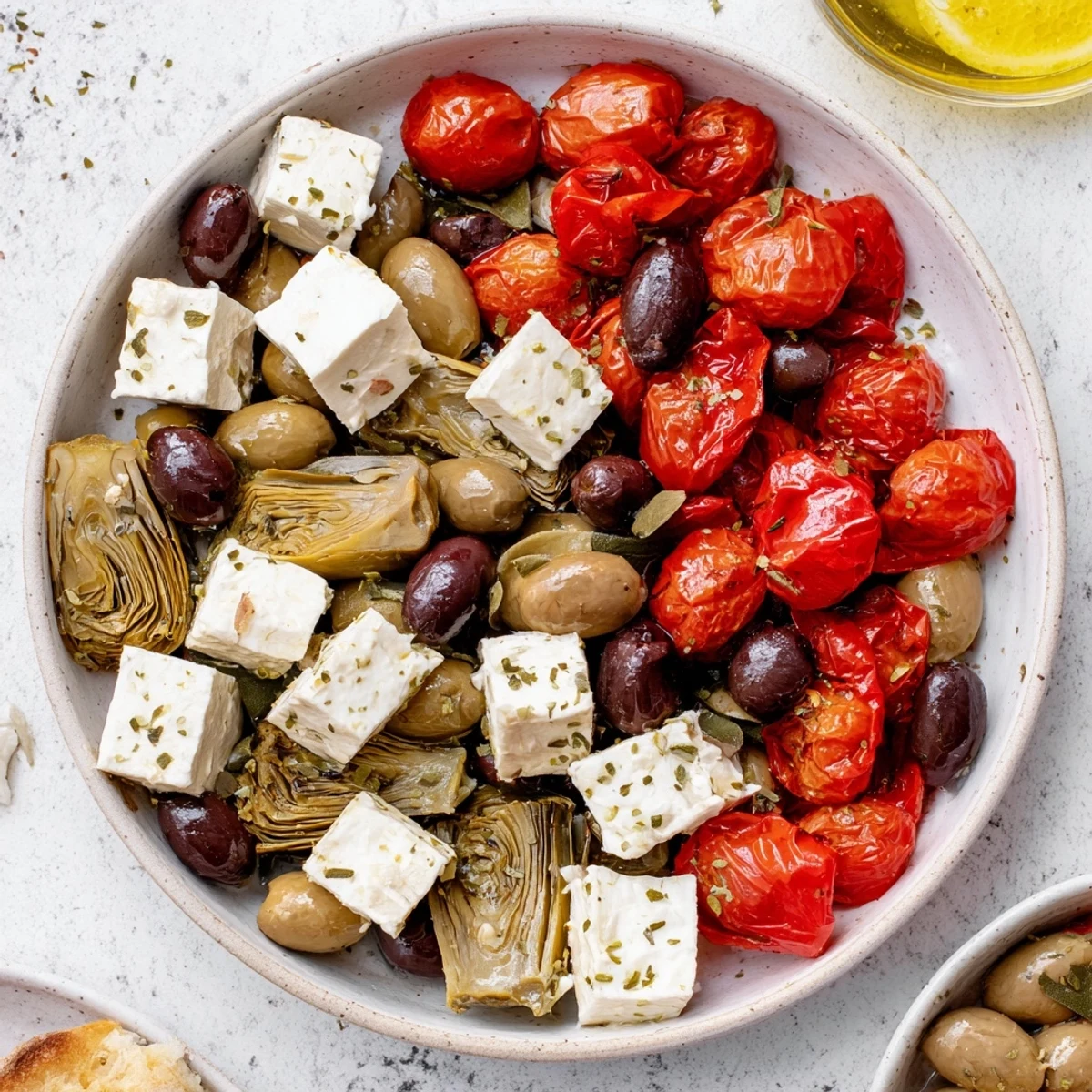 Black olives and sun-dried tomatoes glistens with olive oil; a colorful appetizer platter.