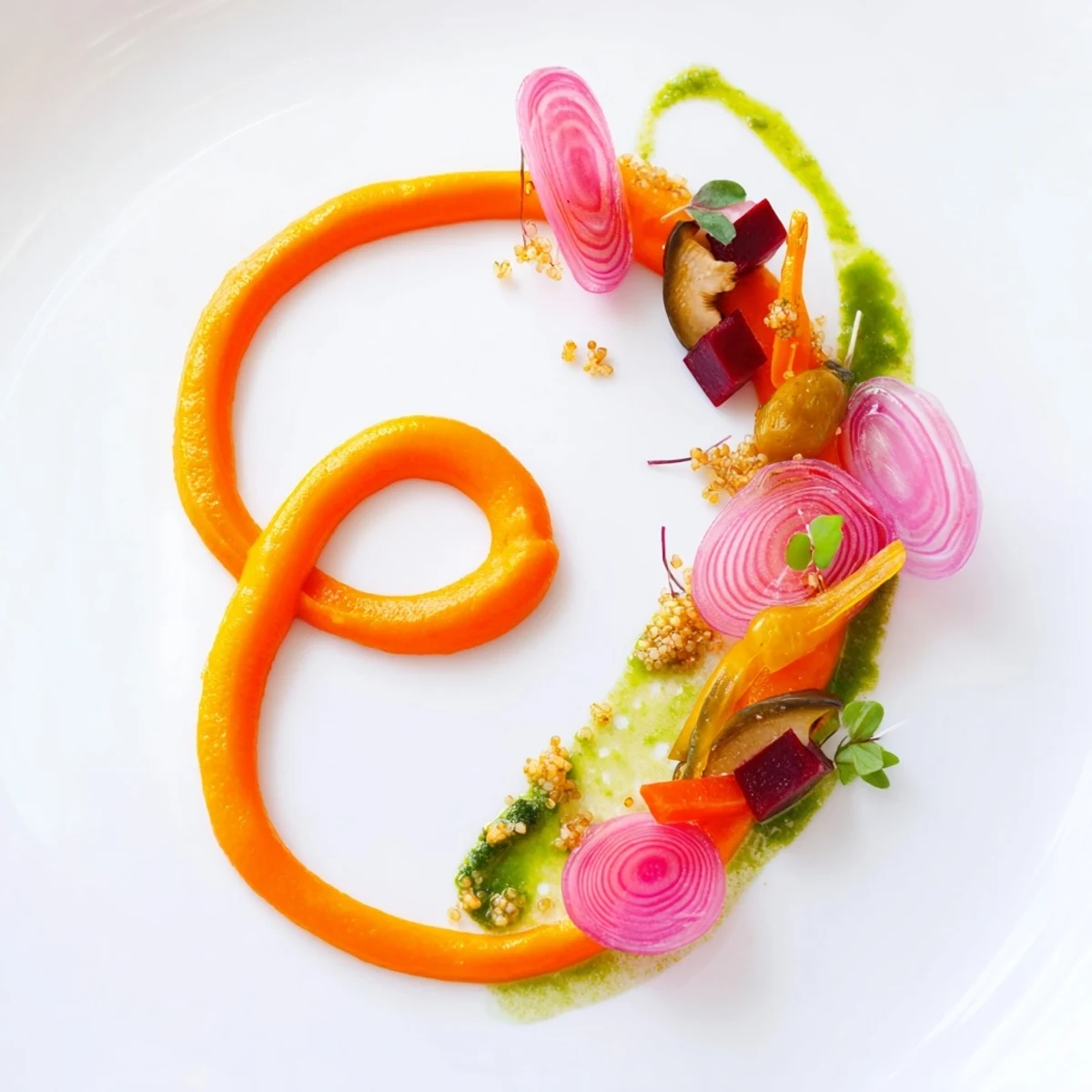 Imagine a stunning The Infinity Loop Flow, showcasing roasted beets, crispy quinoa, and flowing sauces on pure white.