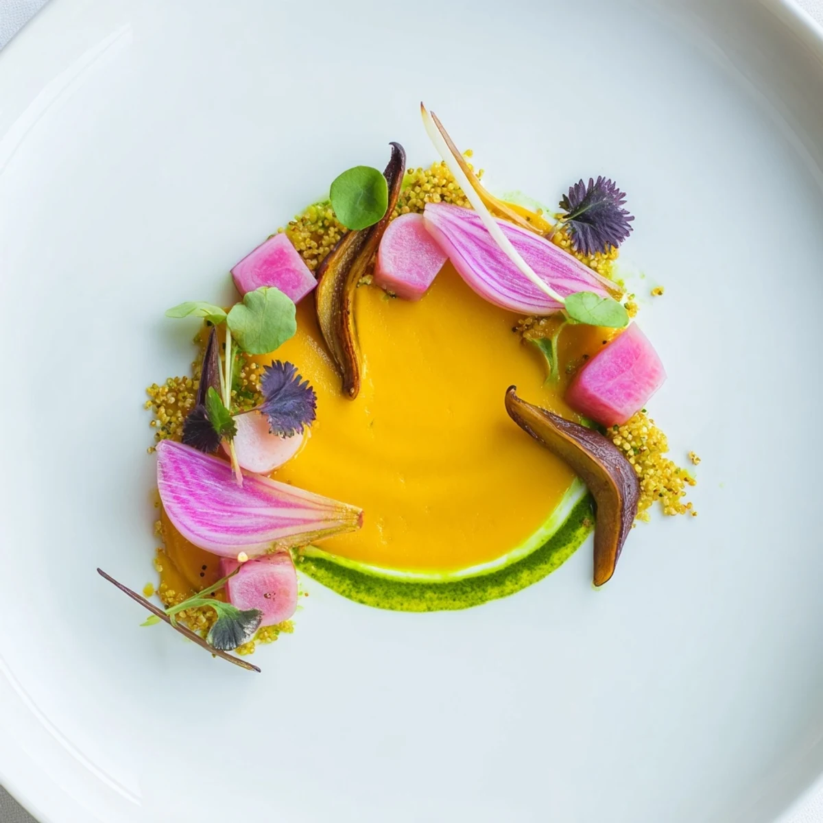 A visually captivating The Infinity Loop Flow dish, with vibrant purées and carefully arranged elements.