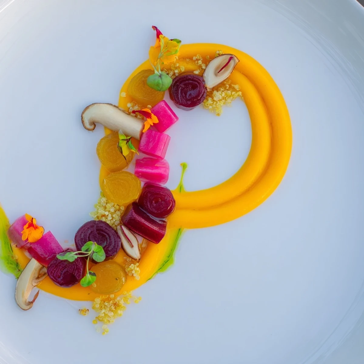 Delightful plated The Infinity Loop Flow modern dish: each element, a vivid color, beautifully flows on the plate.