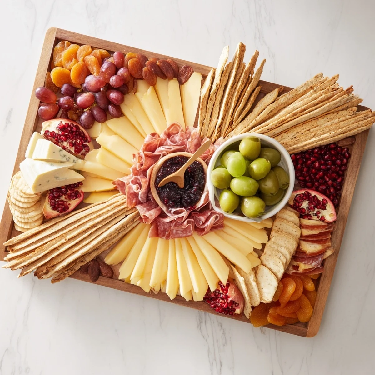 A close-up of The Arrowhead Directional Board shows artfully arranged cheeses and meats.