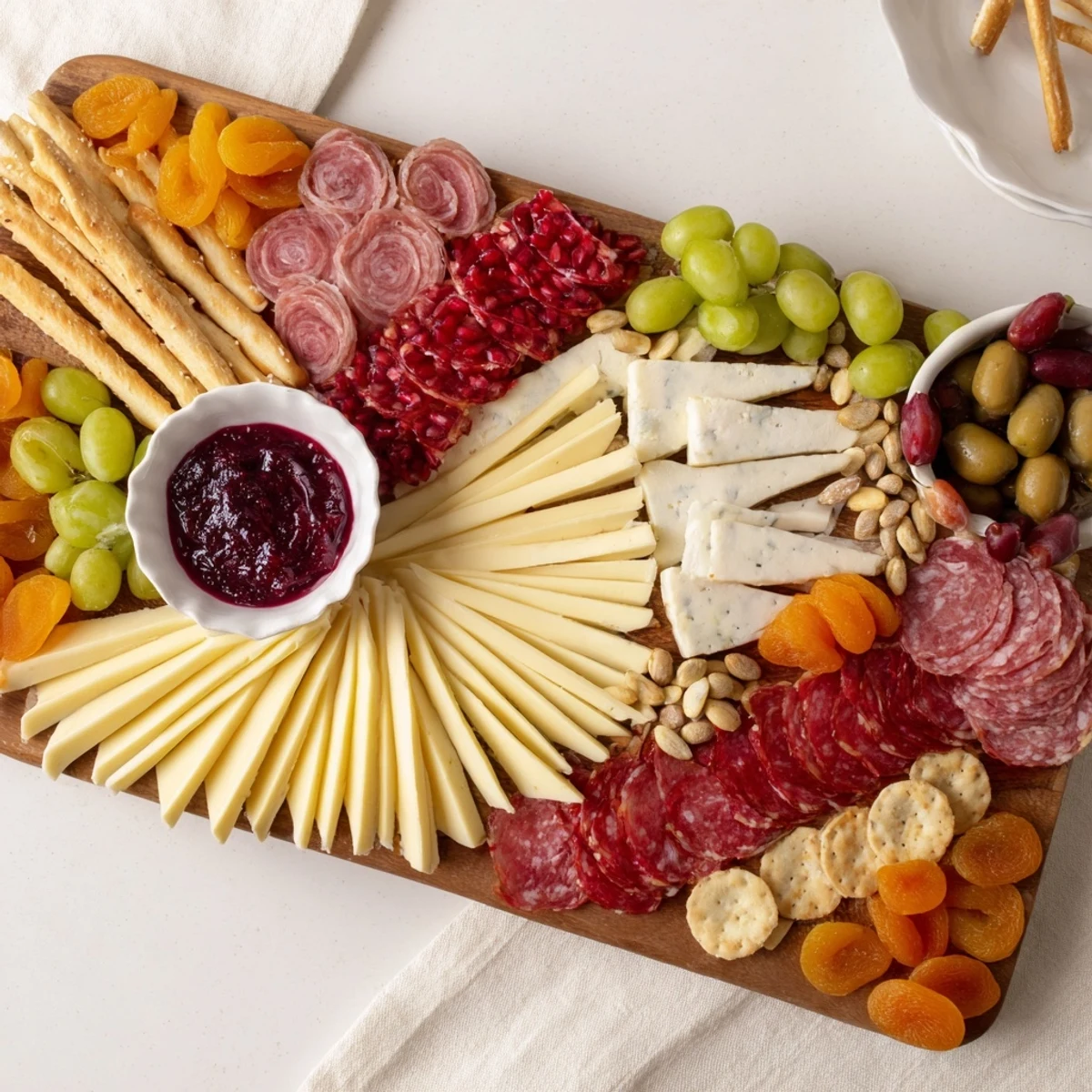 Vibrant photo reveals The Arrowhead Directional Board, a charcuterie display pointing toward fig jam.