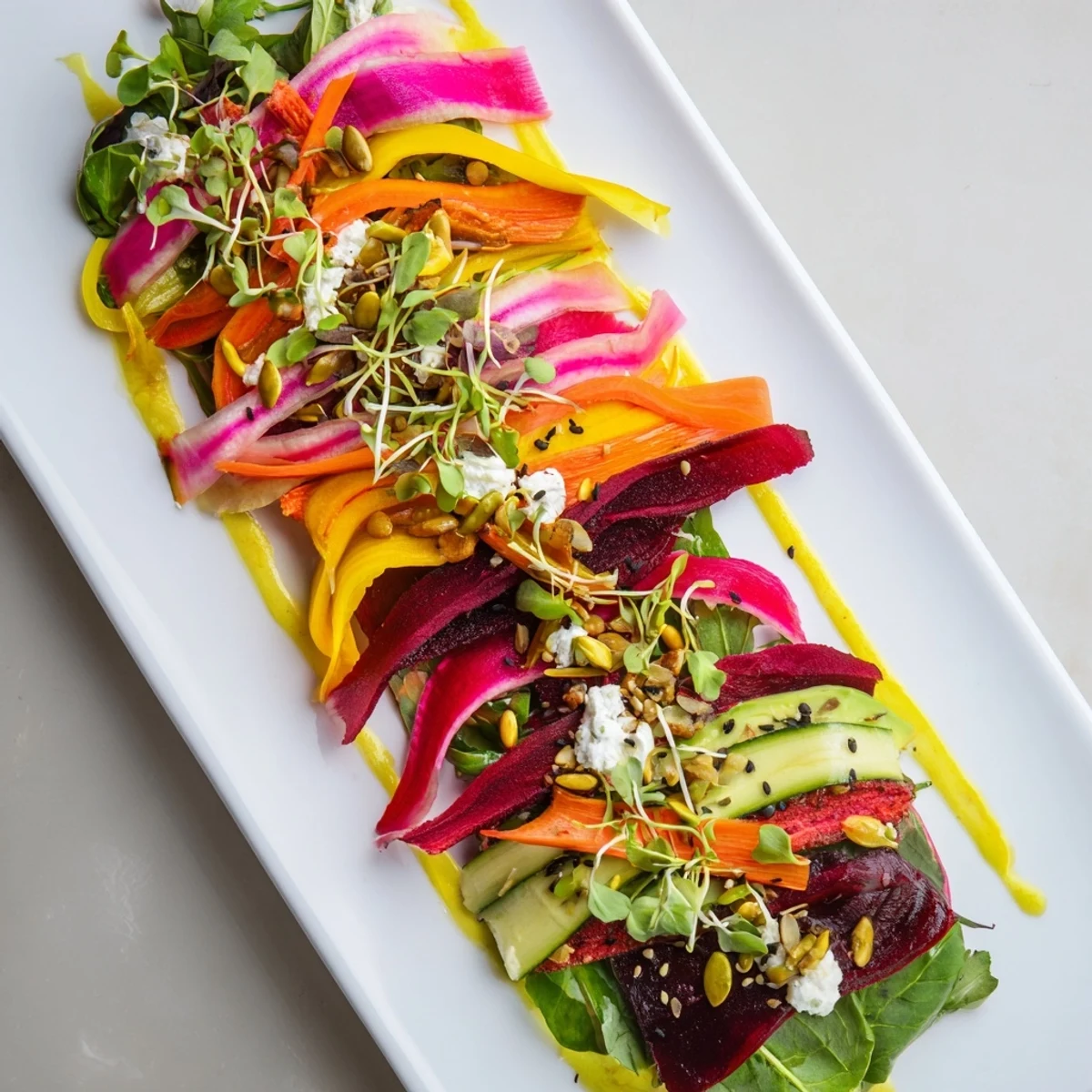 Zig-Zag Lightning Strike Salad with vibrant colors and drizzled lemon vinaigrette, ready to serve.