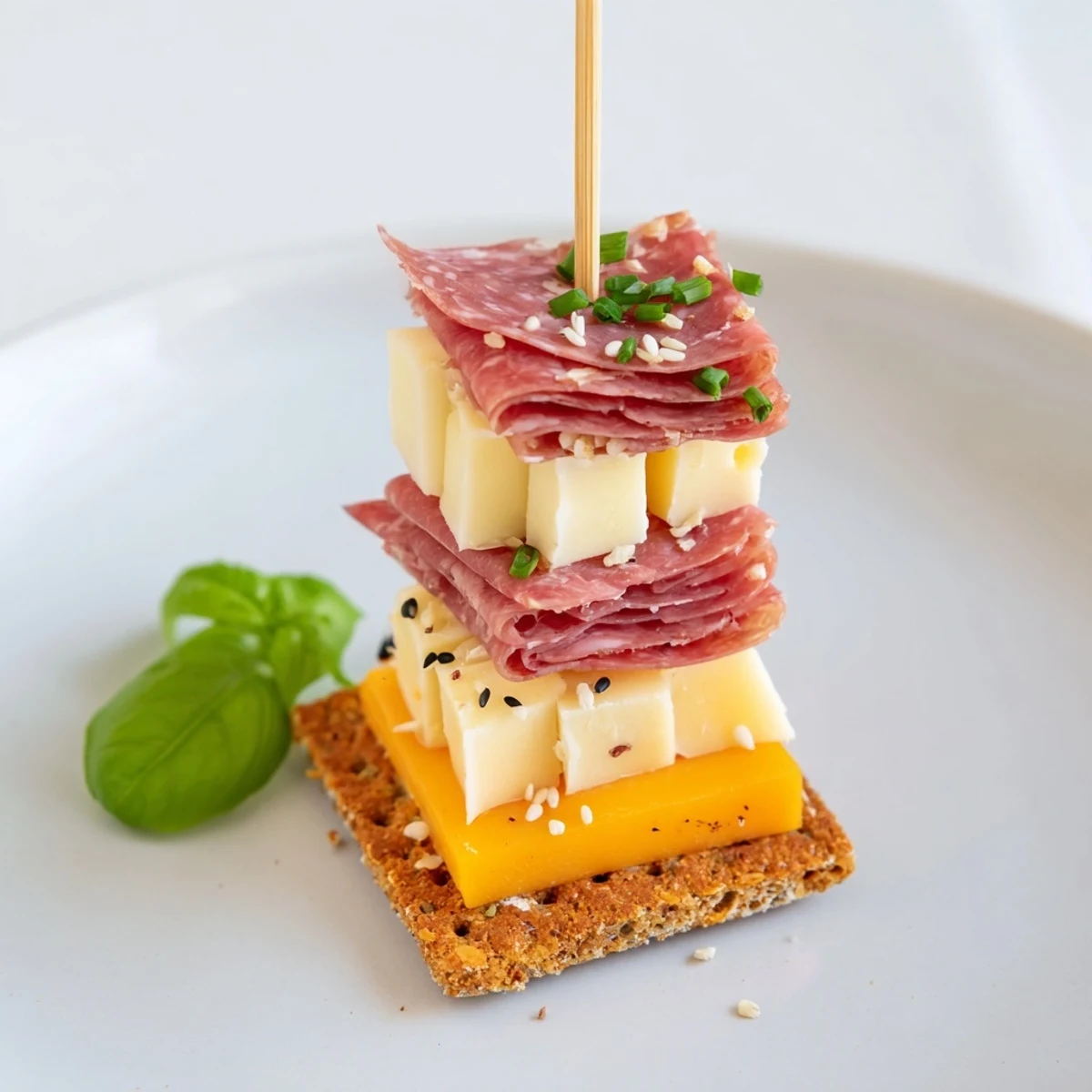 Layered Urban Skyline appetizer, a visually engaging stack of crackers, cheeses, and meats.