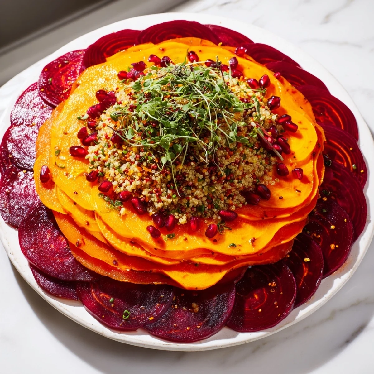 Vibrant photo shows layered "Concentric Rings of Flavor" with golden beets, quinoa, and peppers artfully arranged.