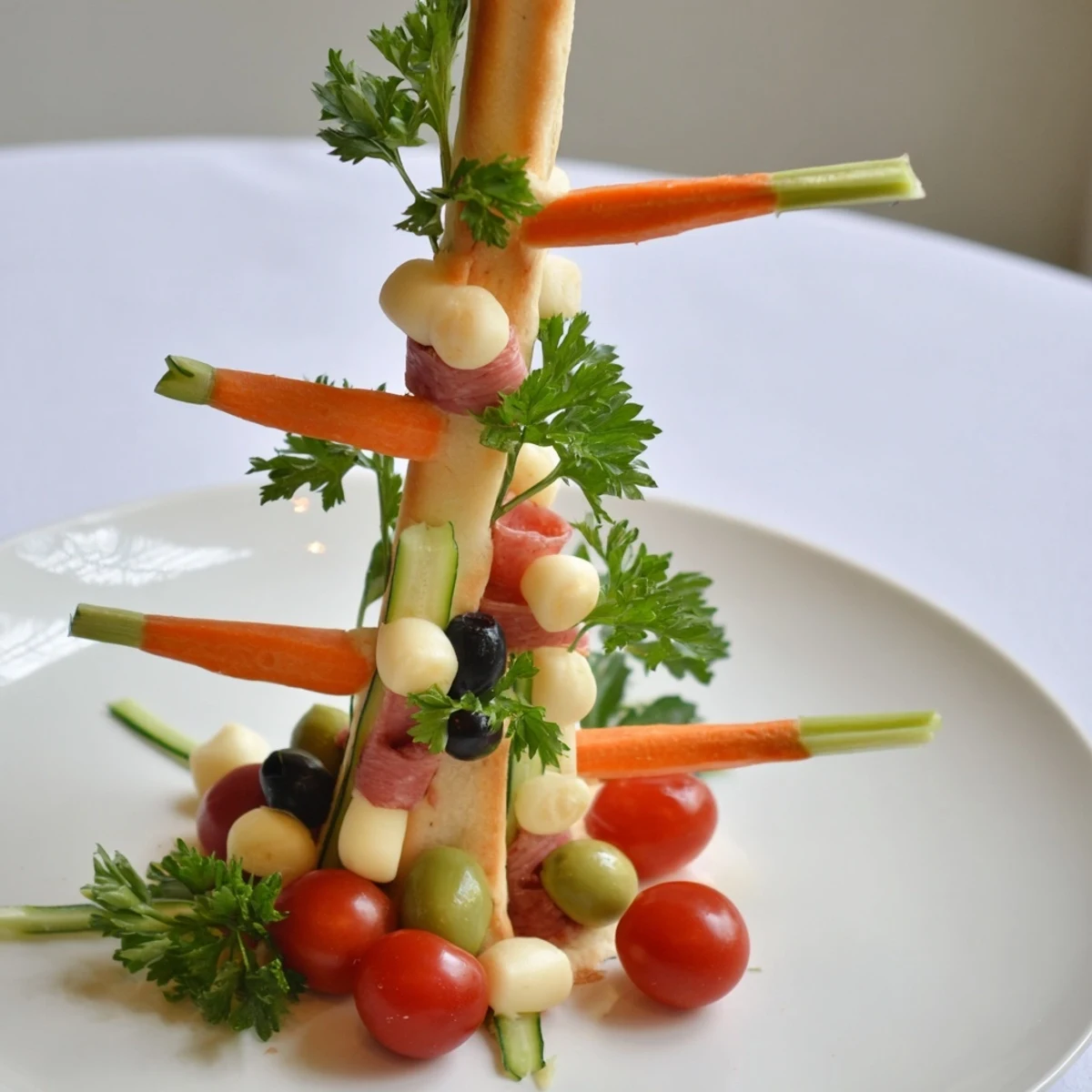 This Fractal Tree Branching Bread Centerpiece displays an artistic edible display of bread, cheese, and vegetables.