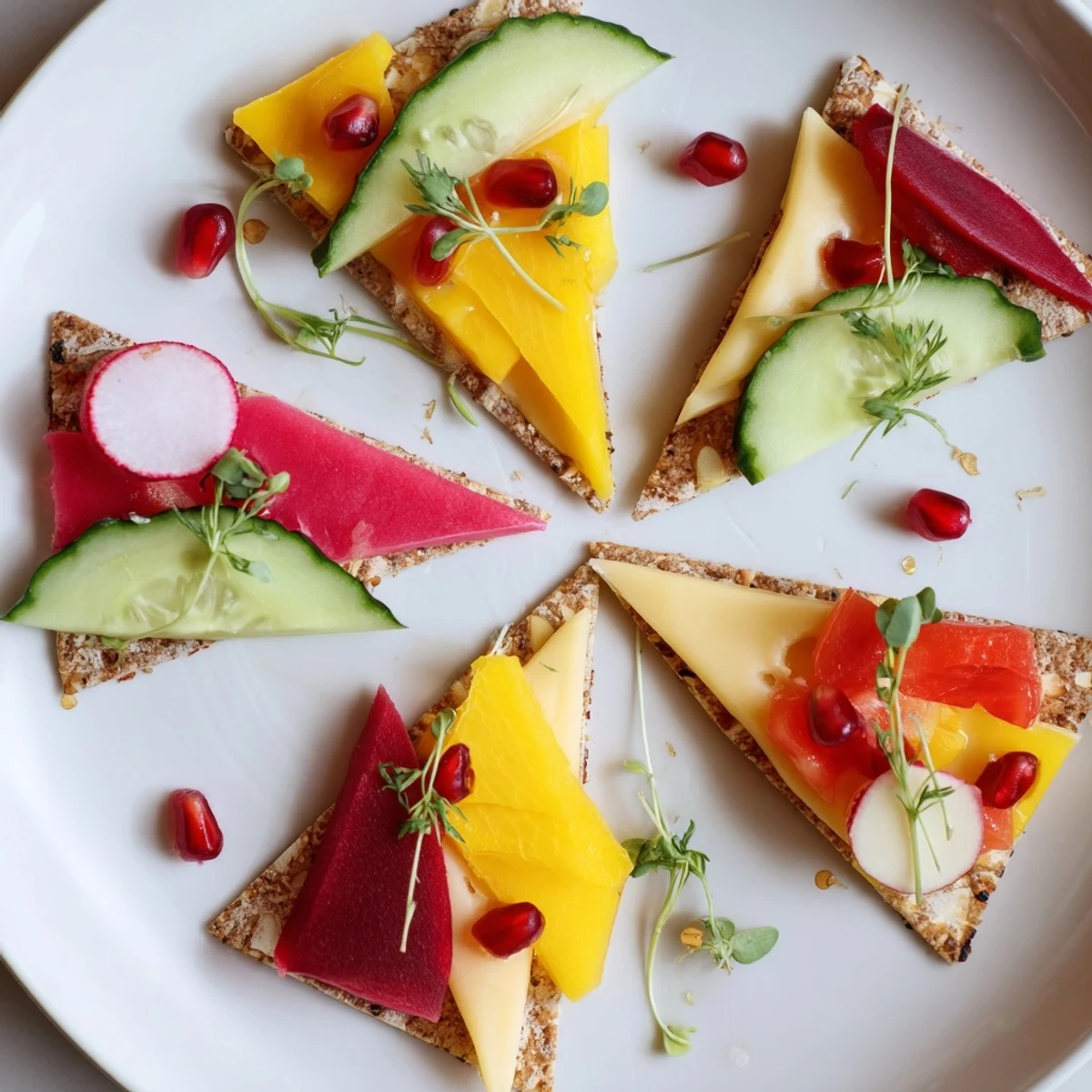 Vibrantly colorful The Tessellation Triangle appetizer with precisely cut cheese and fruits arranged in a geometric mosaic.