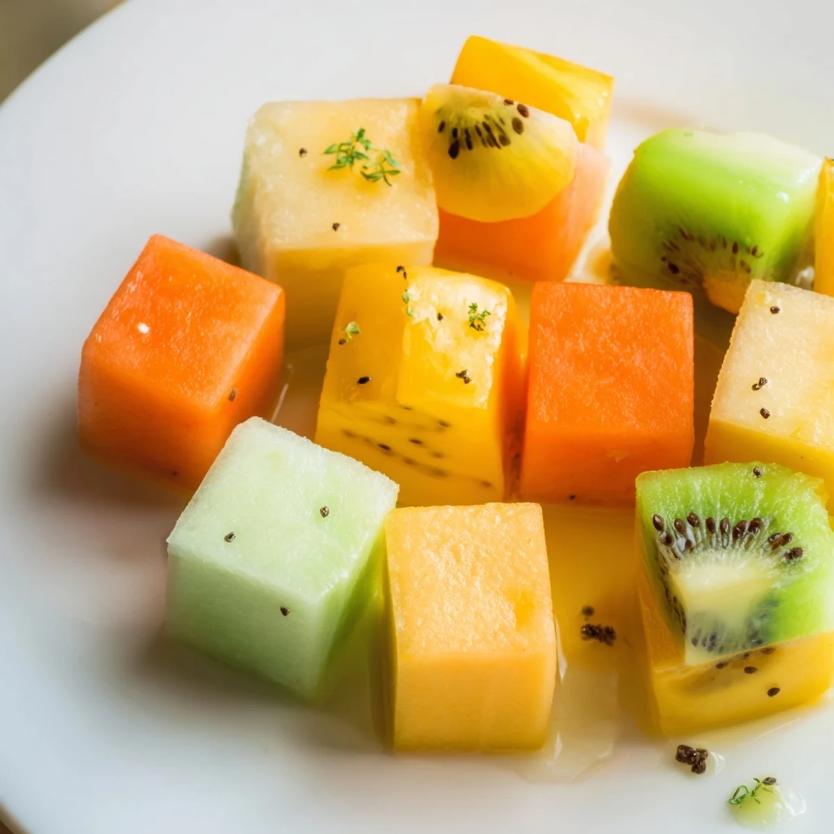 Vibrant "Cube Geometry Study" showcases colorful fruit and feta cubes, expertly arranged on a white plate.