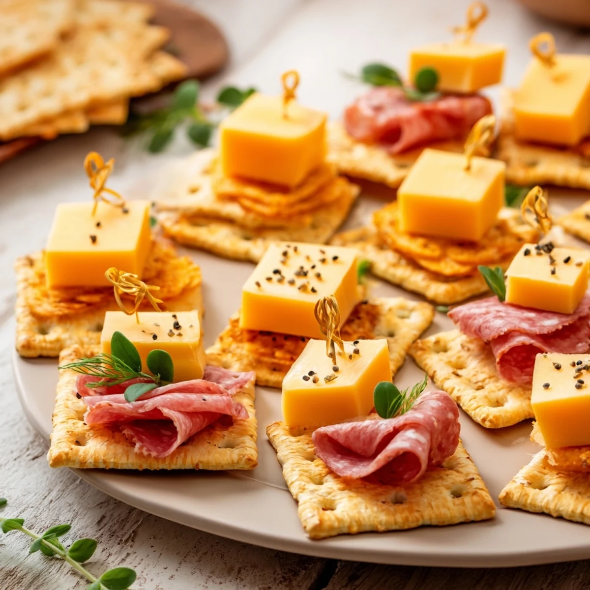 Beautiful Layered Urban Skyline appetizer features artisan cheese cubes and savory meats atop crispy crackers.  