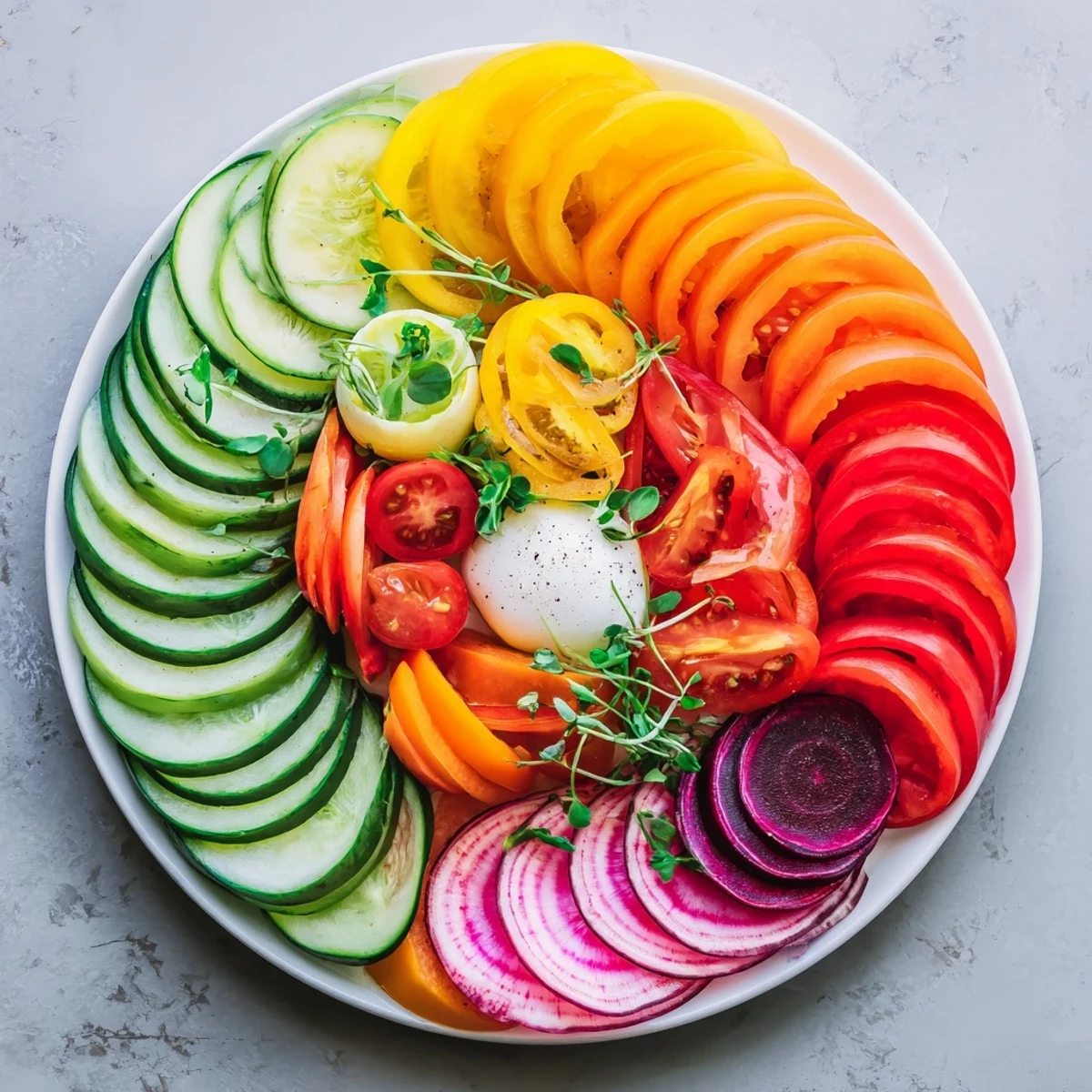 Platter of radial symmetry sunburst arrangement showcasing colorful, crisp vegetables and creamy burrata.