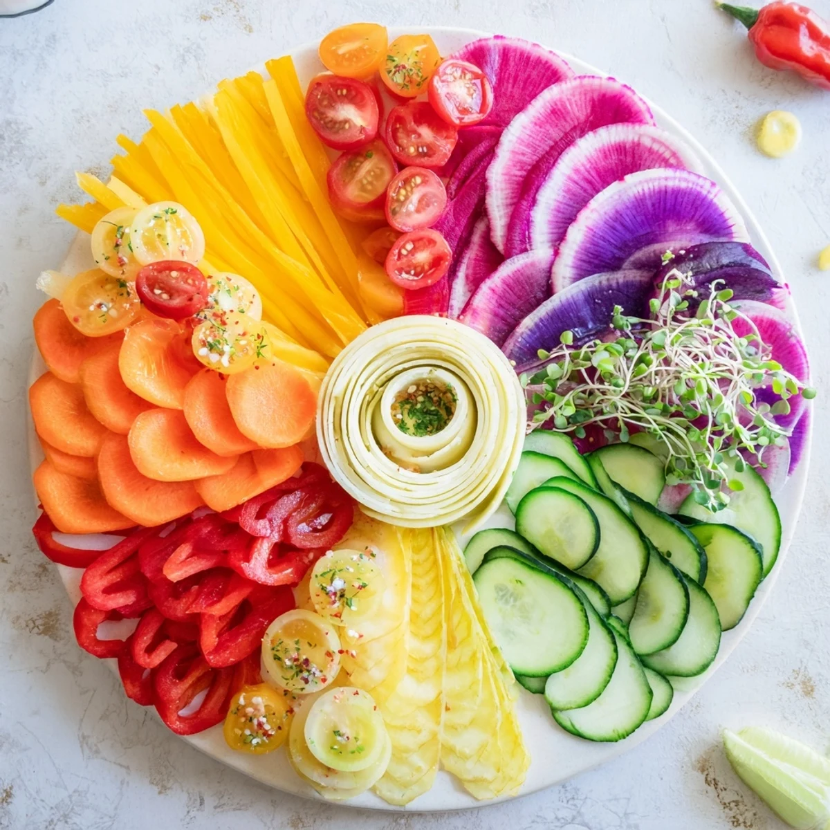 Freshly sliced vegetables in a radial symmetry sunburst design, glistening with olive oil and spices.