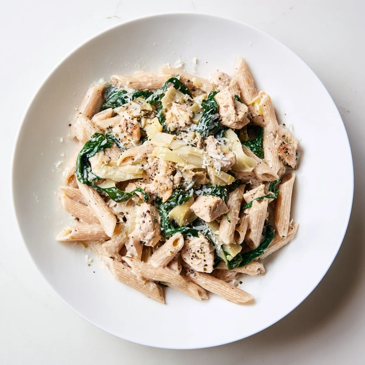 Sizzling skillet showcasing a comforting Creamy Spinach Artichoke Protein Pasta with tender chicken and herbs.