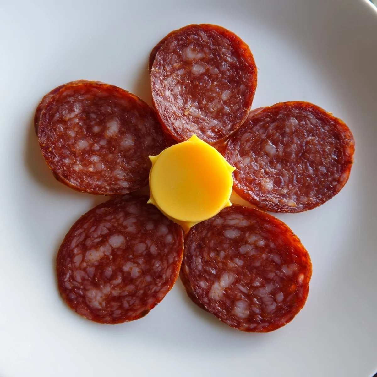 Elegant presentation of a Tudor Rose: a charcuterie-style appetizer with salami and Gouda cheese.