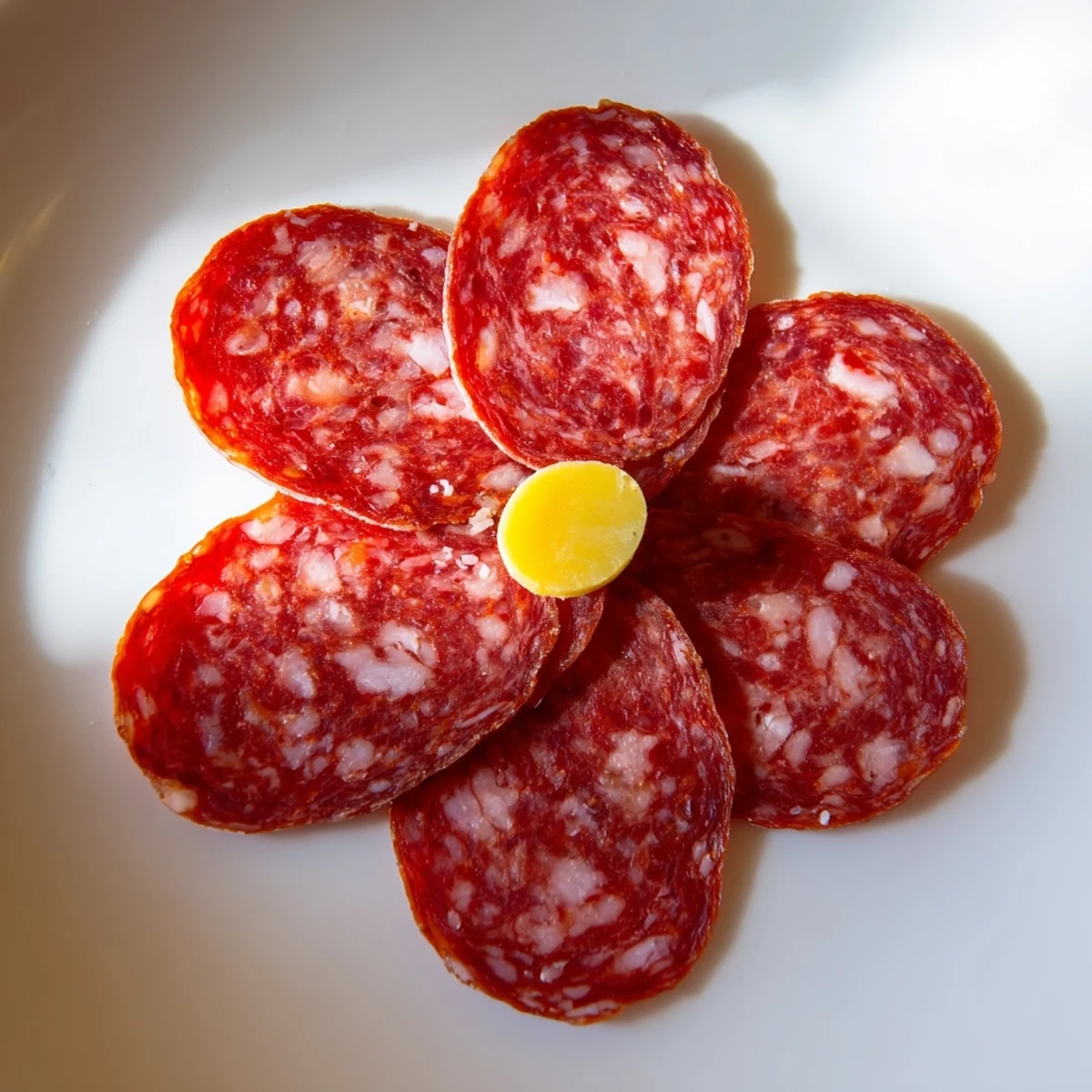 Quick and easy Tudor Rose creation: a beautiful, gluten-free salami and cheese hors d'oeuvre.