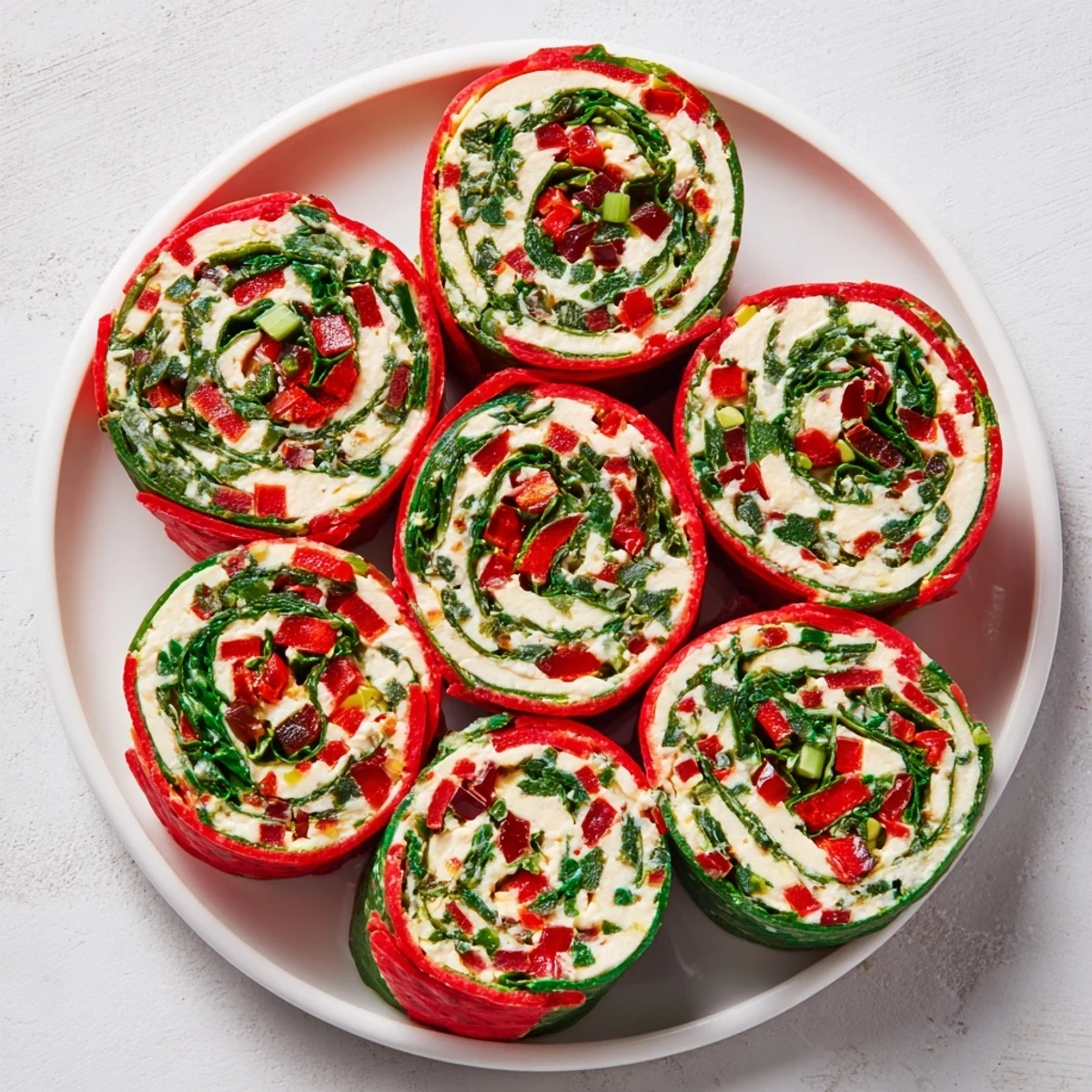 Christmas Scarf Tortilla Roll-Ups: Vibrant, colorful slices of festive appetizers ready for your holiday party.