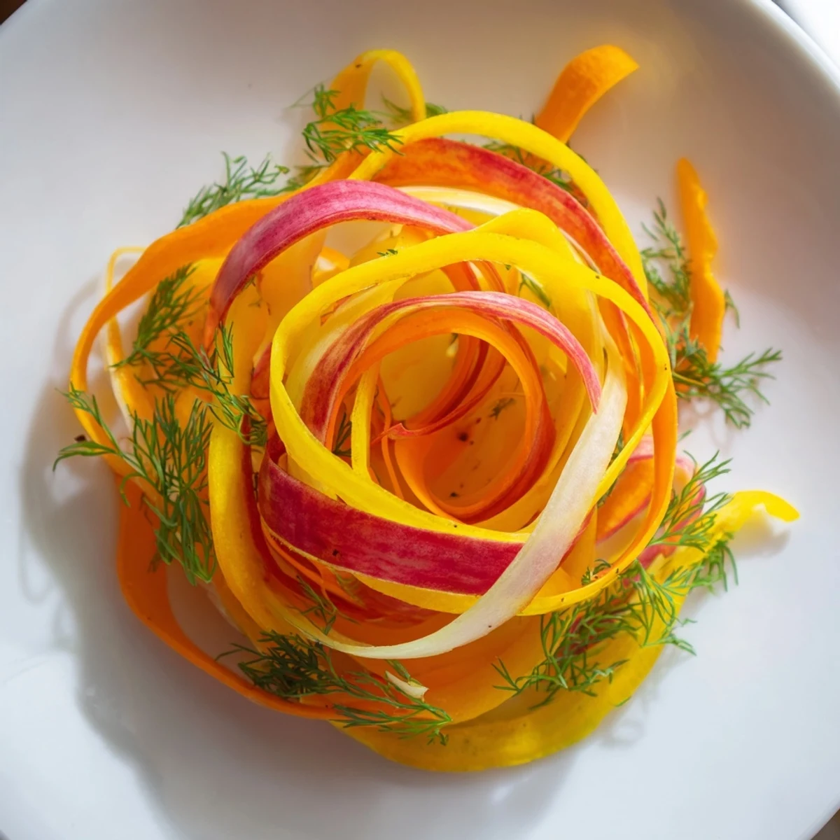 A beautiful deconstructed "Spinning Top" salad with colorful, wispy vegetables and fresh herbs ready to eat.
