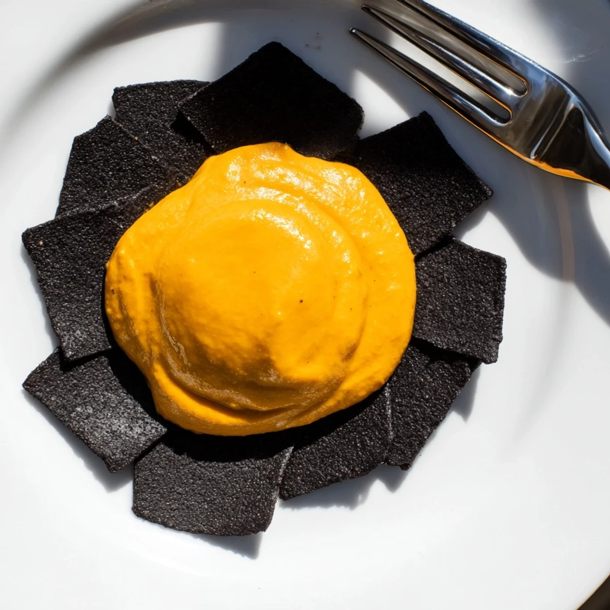 The Midnight Sun appetizer featuring velvety carrot dip, encircled by dark charcoal crackers for a dramatic presentation.
