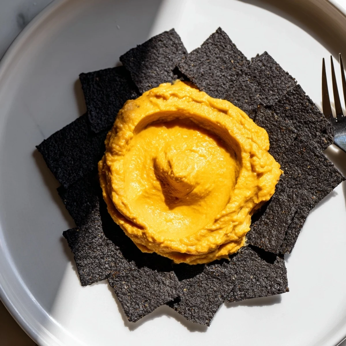 Bright yellow carrot and turmeric dip, a star in this Midnight Sun dish, surrounded by delicate black crackers.