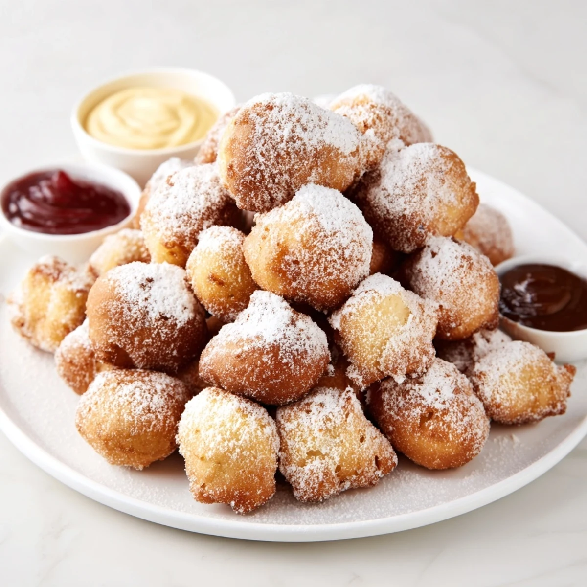 A majestic mountain of powdered donut holes, sweet and fluffy, ready to be dipped.