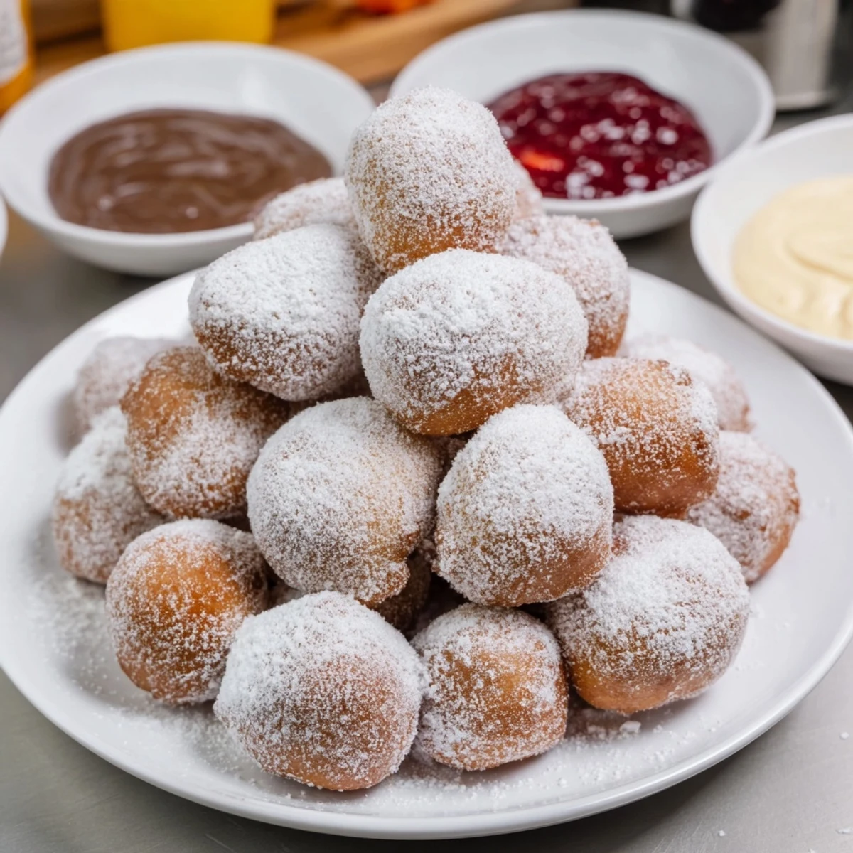 Freshly fried powdered donut holes piled high, a delectable dessert with creamy chocolate sauce alongside.