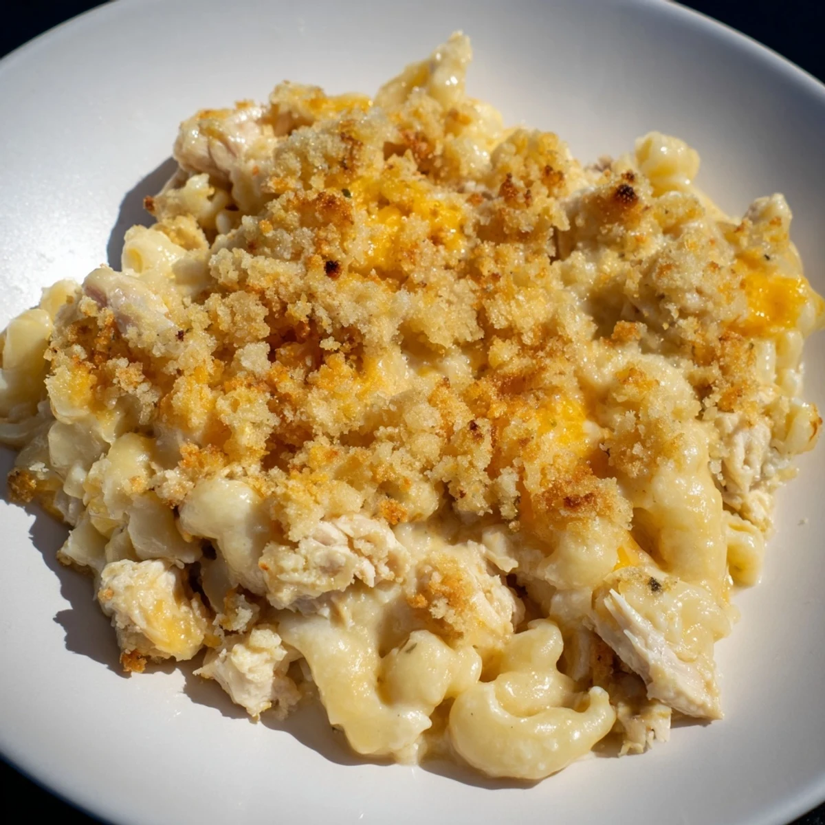A steaming bowl of Struggle Meal Chicken Macaroni shows the creamy cheese sauce and tender chicken topping the macaroni.