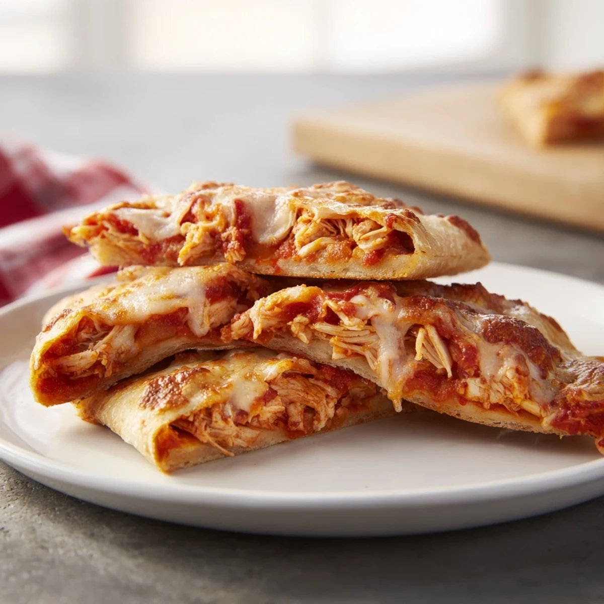 Cheesy, delicious Leftover Pizza Grilled Cheese with shredded chicken, ready to serve and enjoy.