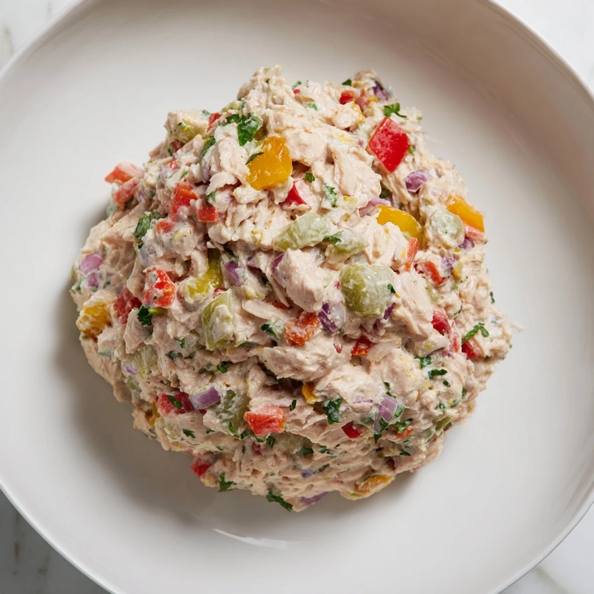 Creamy canned chicken salad with Mrs. Dash, celery, and red pepper, ready to serve on whole-wheat bread.