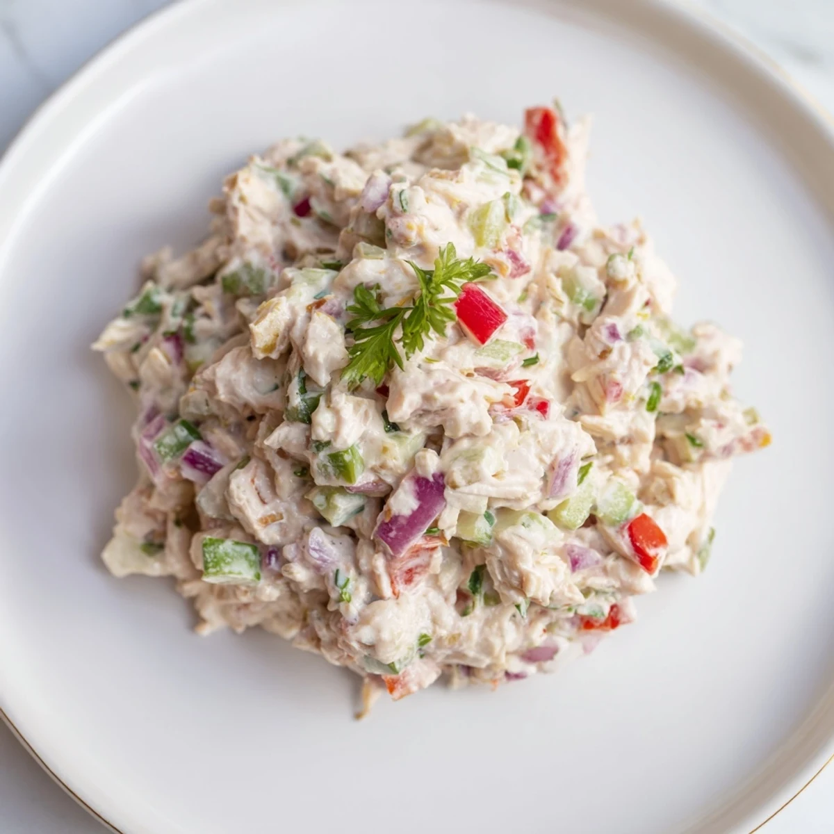 Fresh, homemade canned chicken salad with Mrs. Dash, offering a savory and healthy lunch option.